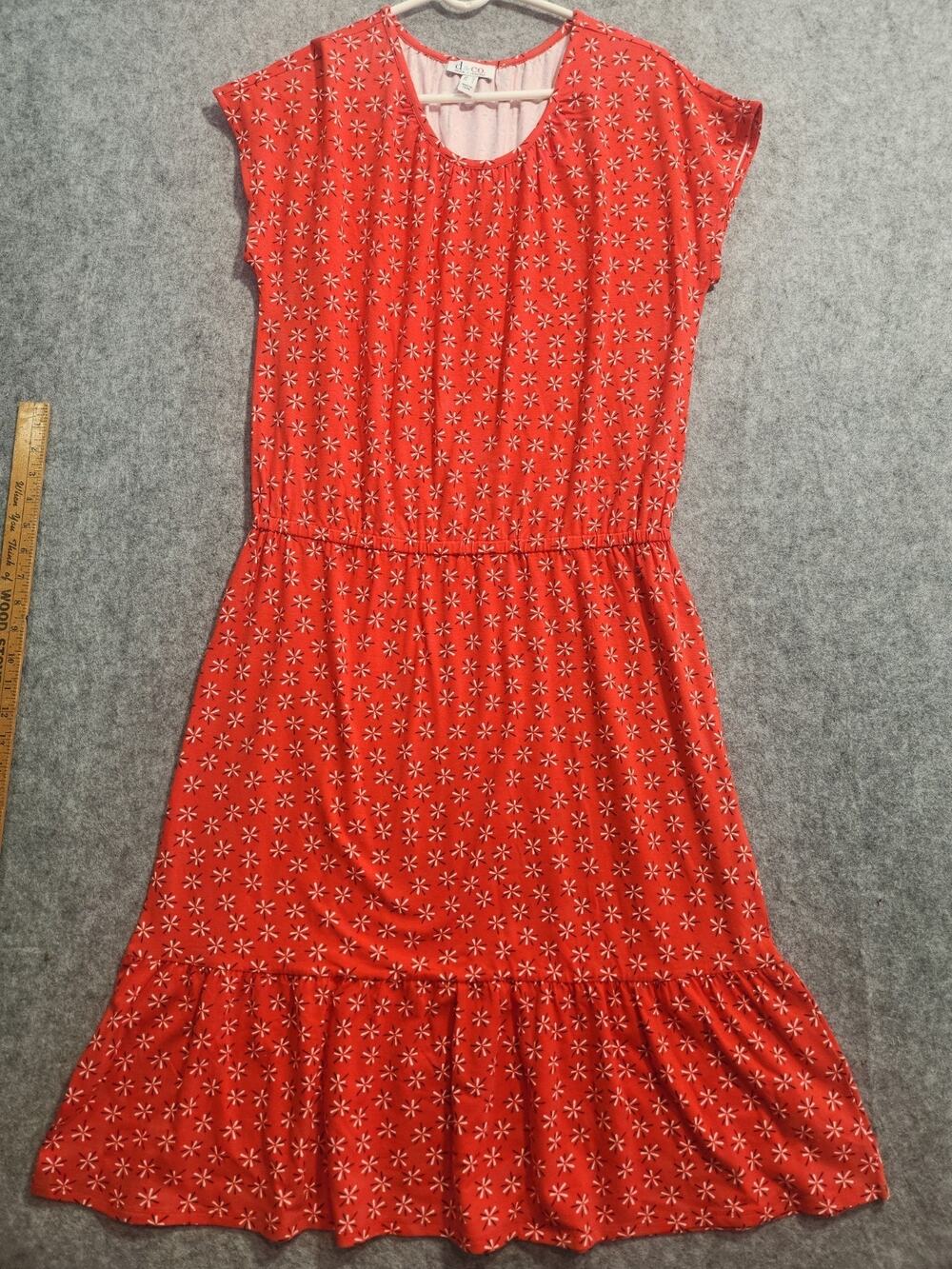 D&Co Denim & Company Red Floral Print Midi Dress Women's Medium Short Sleeve